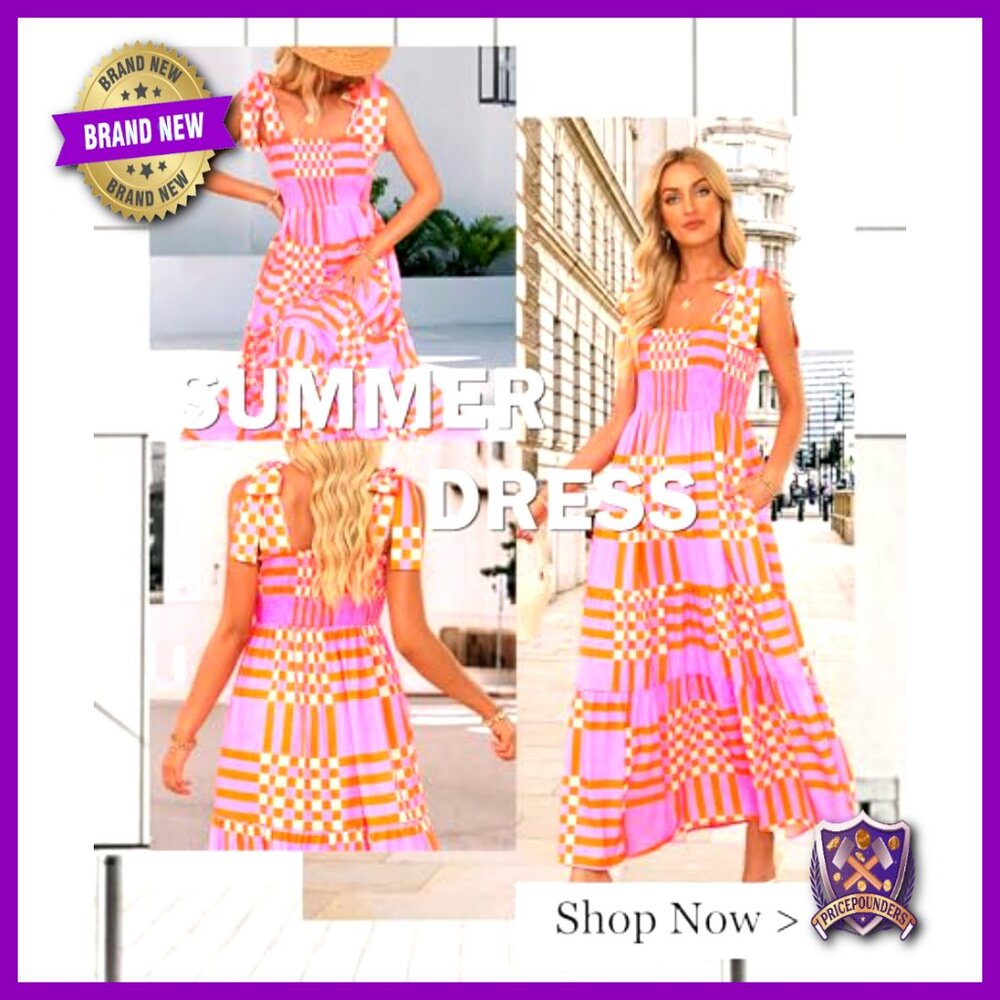 Boho Maxi Dress Spaghetti Straps Square Neck Smocked Waist A-Line Beach Casual - Picture 5 of 5